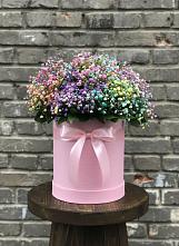 Цветочная композиция из Гипсофила и Розы в шляпной коробке в Парковом