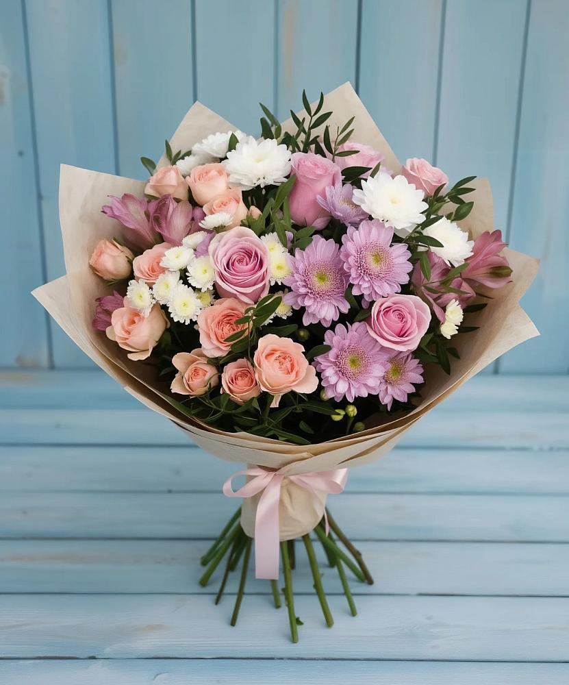 Букет цветов из: Хризантемы, Розы и Альстромерии в Парковом