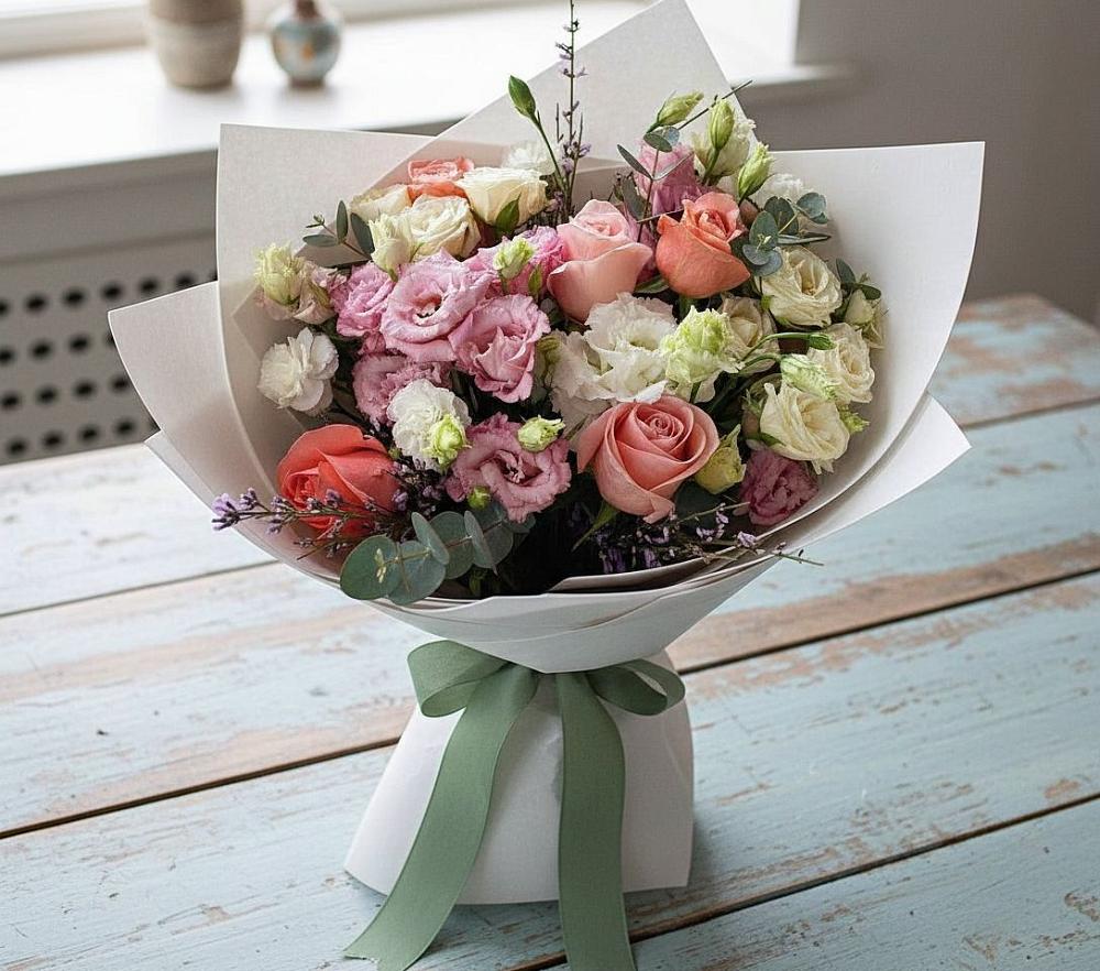 Букет цветов из: Розы, Лизиантусы и Гвоздики в Парковом