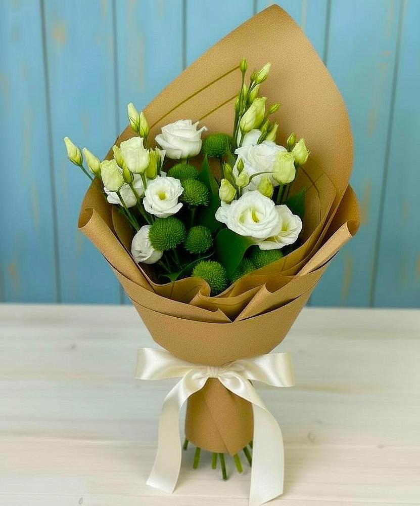 Букет цветов из: Хризантемы и Лизиантусы в Парковом