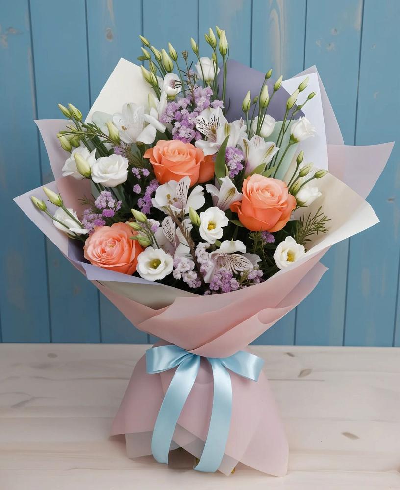 Букет цветов из: Лизиантусы, Розы, Альстромерии и Гипсофила в Парковом