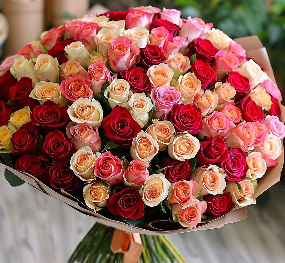 Букет 101 Разноцветная роза в Парковом