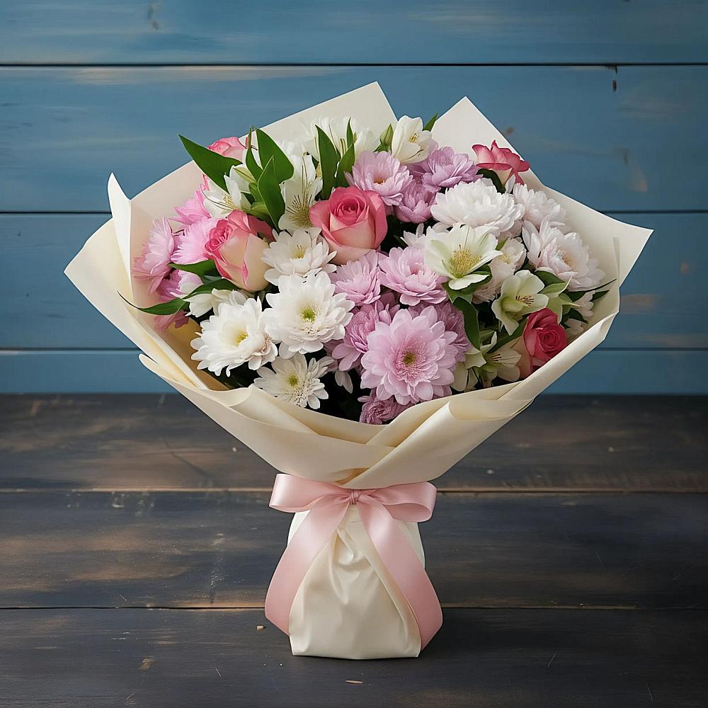 Букет цветов из: Хризантемы, Альстромерии и Розы в Парковом